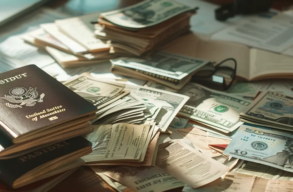 a modern office desk scattered with passports, legal documents, and international currency, symbolizing a seamless process of international expansion using a shelf company.