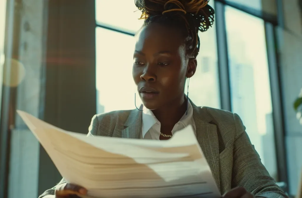 a confident business owner reviewing legal documents and charts in a modern office setting.
