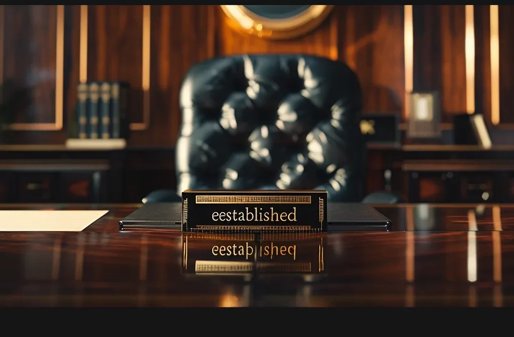 a high-end office desk displaying a polished nameplate with