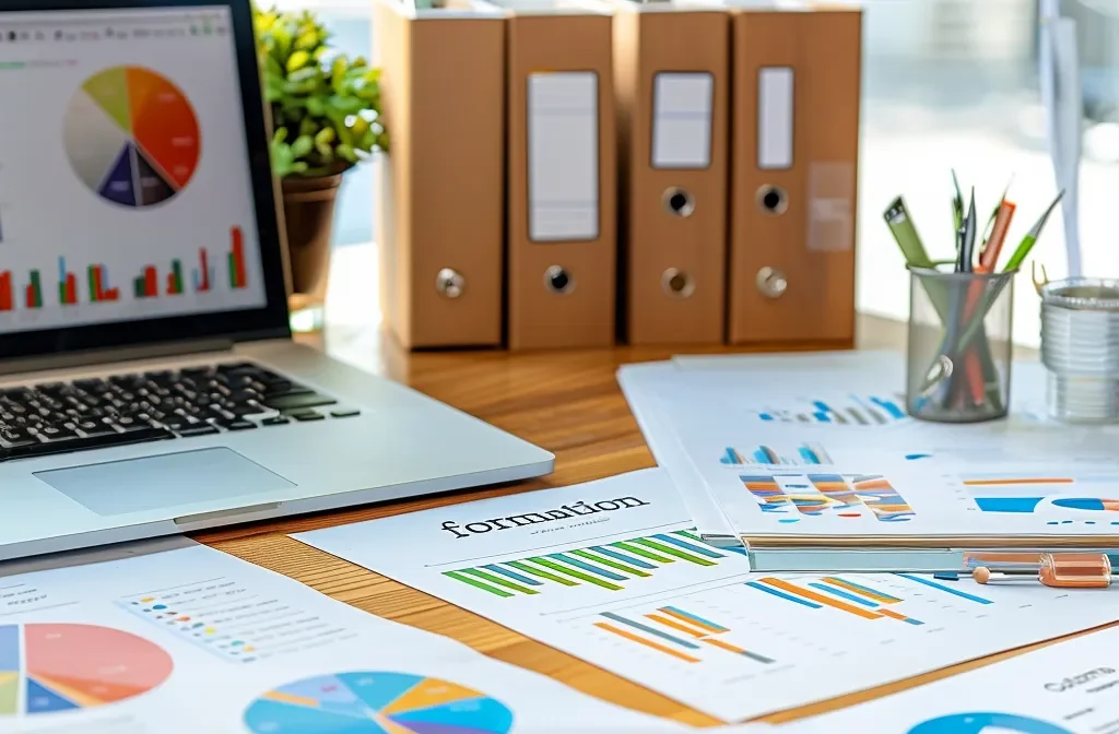 a professional and organized desk setup with a laptop, business documents, and a binder labelled 