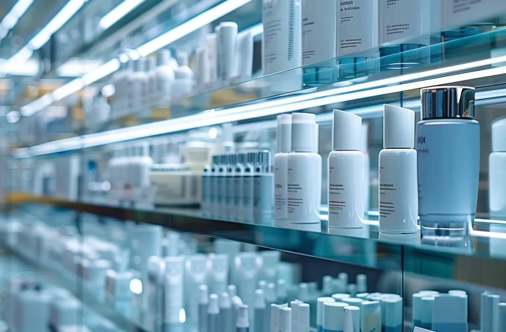 a row of pristine, sleek shelf corporations lined up neatly on a glass display shelf.