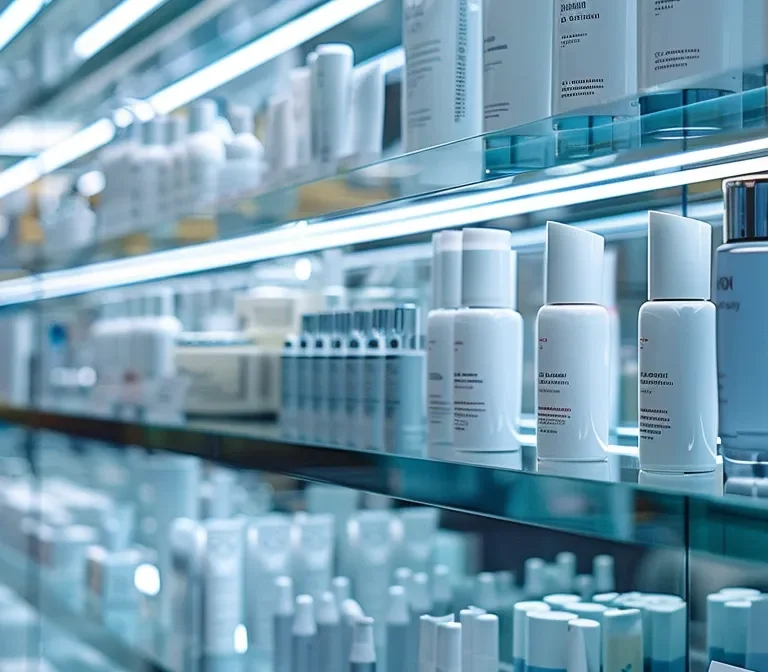 a row of pristine, sleek shelf corporations lined up neatly on a glass display shelf.