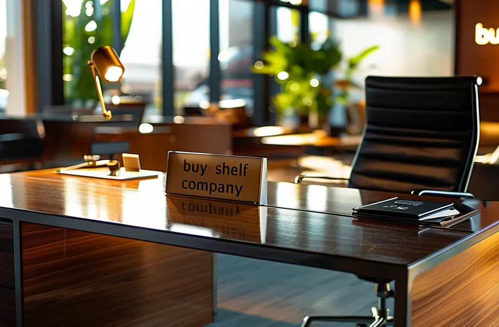 a sleek, modern office desk with a nameplate reading "buy shelf company" in bold letters.