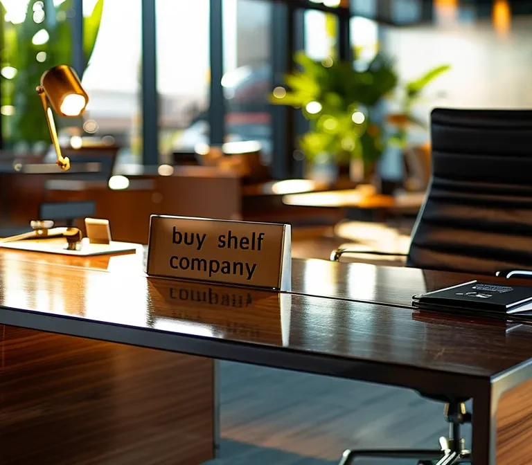 a sleek, modern office desk with a nameplate reading "buy shelf company" in bold letters.