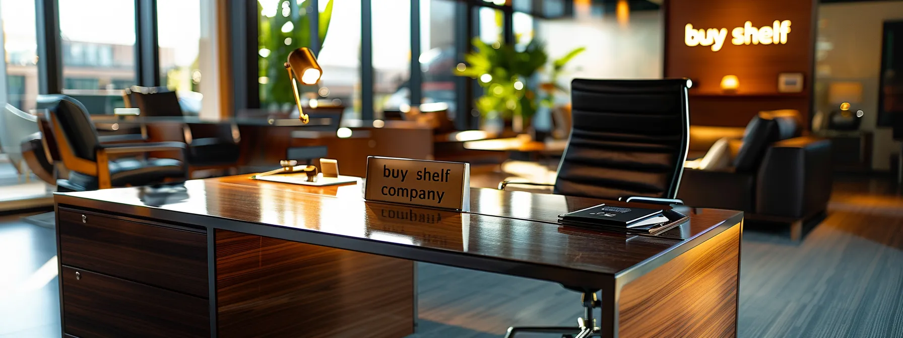a sleek, modern office desk with a nameplate reading "buy shelf company" in bold letters.