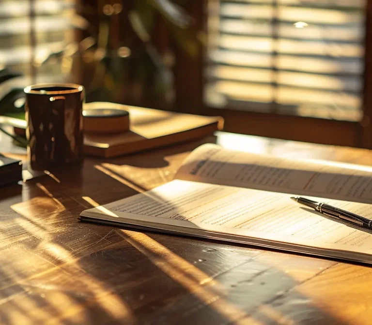 a polished wooden desk elegantly adorned with neatly arranged legal documents and a sleek pen, illuminated by warm, natural light streaming through a nearby window.