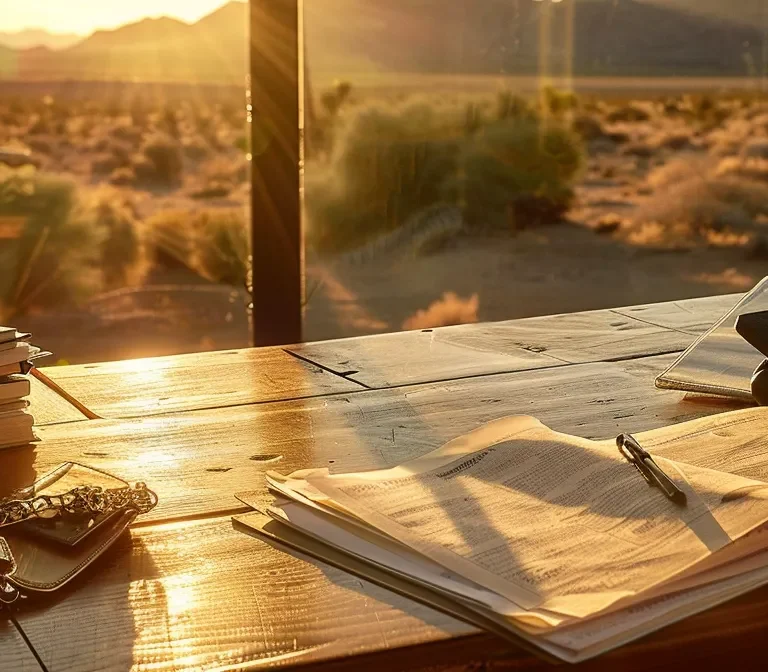 a serene landscape of las vegas' iconic desert backdrop, emphasizing a well-organized wooden desk adorned with estate planning documents, a calculator, and a financial advisor's briefcase, bathed in the warm glow of late afternoon sunlight.