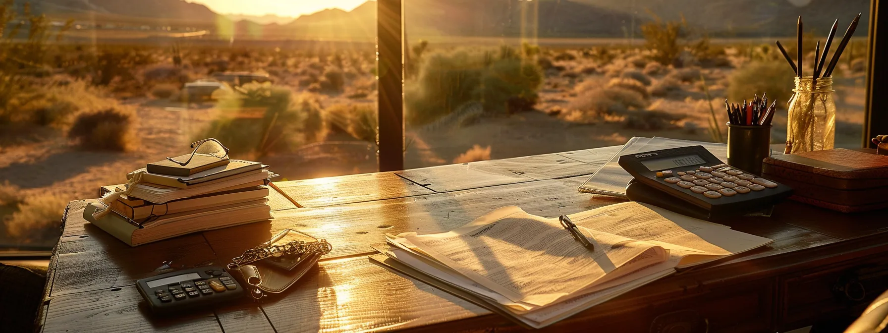 a serene landscape of las vegas' iconic desert backdrop, emphasizing a well-organized wooden desk adorned with estate planning documents, a calculator, and a financial advisor's briefcase, bathed in the warm glow of late afternoon sunlight.