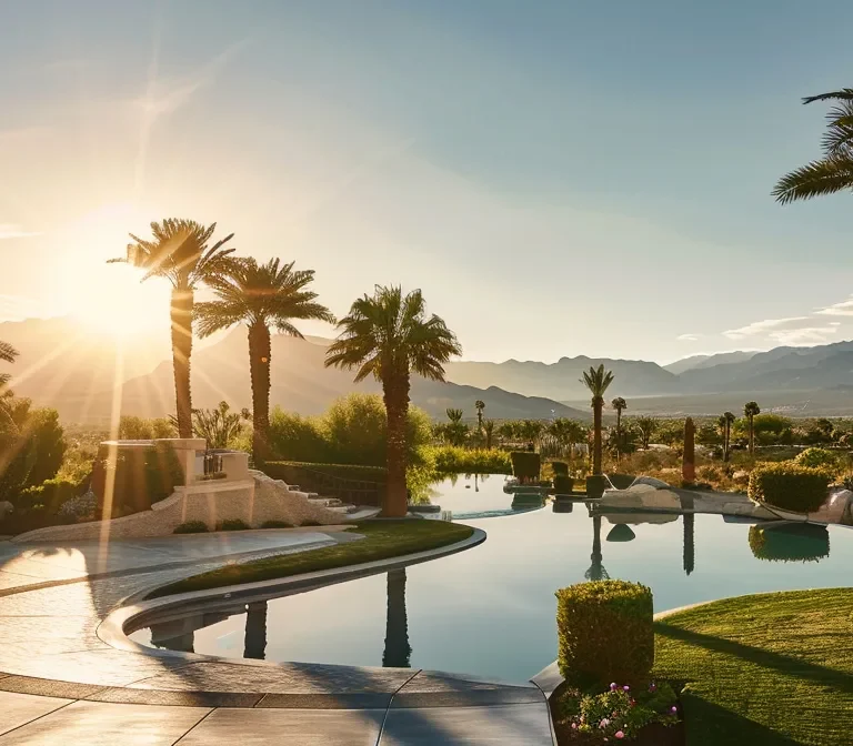 a serene view of a sunlit desert landscape in las vegas, featuring a tranquil estate with elegant architecture framed by palm trees and distant mountains, symbolizing the importance of thoughtful estate planning.