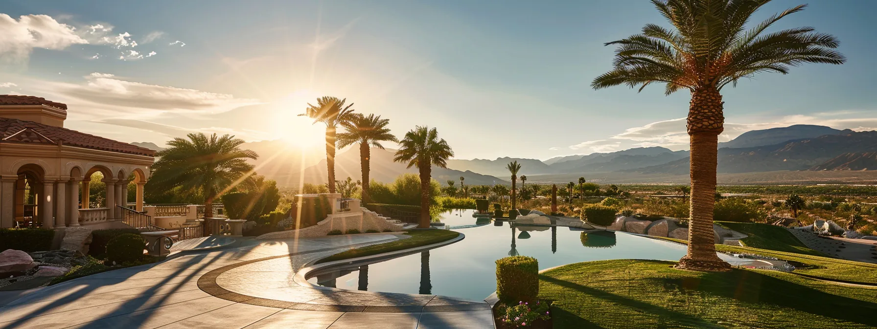 a serene view of a sunlit desert landscape in las vegas, featuring a tranquil estate with elegant architecture framed by palm trees and distant mountains, symbolizing the importance of thoughtful estate planning.