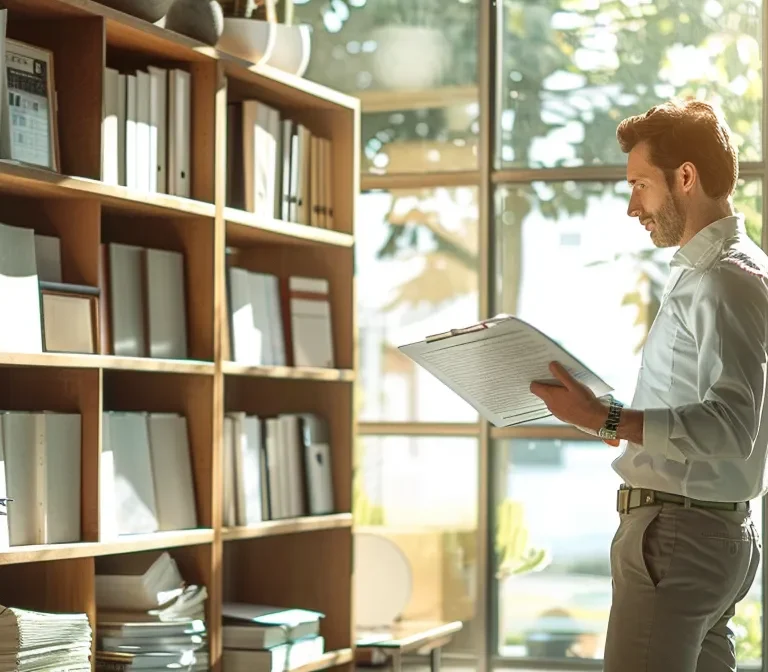 a sleek, modern office space showcases a confident entrepreneur reviewing vital business documents alongside a sturdy shelf filled with organized files and a digital device displaying a secure bank account interface, illuminated by soft, natural light streaming through large windows.