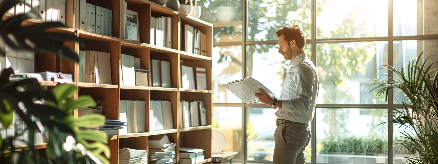 a sleek, modern office space showcases a confident entrepreneur reviewing vital business documents alongside a sturdy shelf filled with organized files and a digital device displaying a secure bank account interface, illuminated by soft, natural light streaming through large windows.