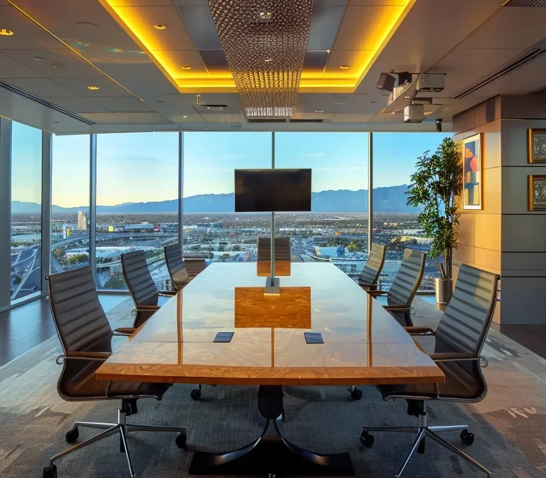 a sophisticated office in las vegas with panoramic views of the strip, showcasing a polished conference table surrounded by estate planning documents, exemplifying the intricate organization of personal and business assets.