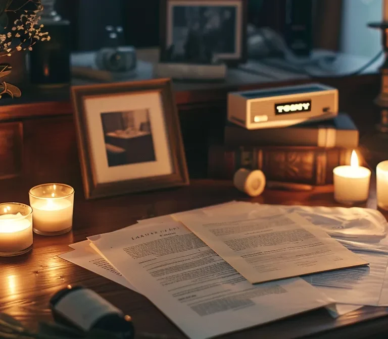 an elegantly arranged desk features a detailed will document, surrounded by softly glowing candles and family photographs, conveying the importance of legacy and security in family law.
