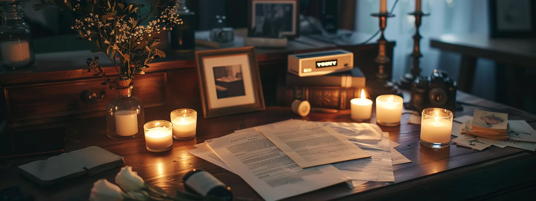 an elegantly arranged desk features a detailed will document, surrounded by softly glowing candles and family photographs, conveying the importance of legacy and security in family law.