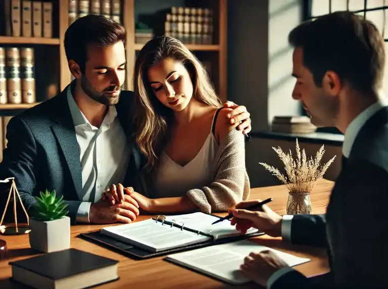 DALL·E 2025-03-12 10.07.12 - A professional and emotional scene of a couple discussing estate planning with an attorney. The couple is seated at a lawyer’s desk, reviewing legal documents