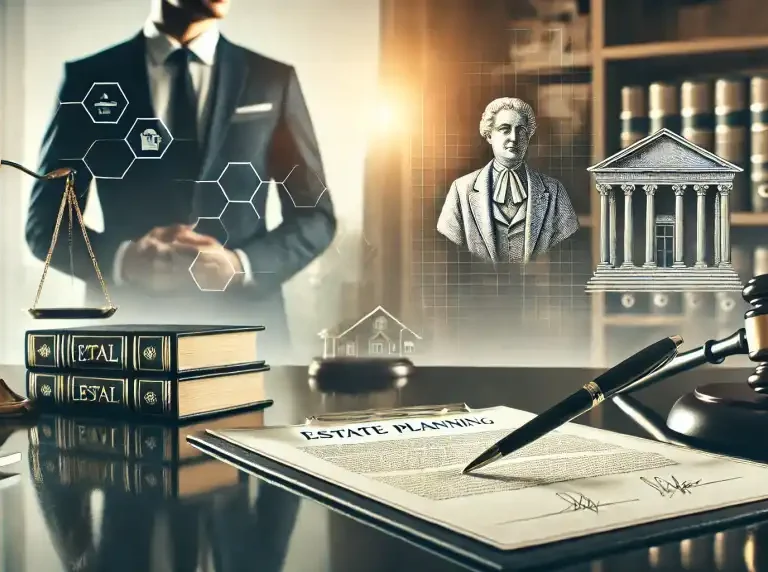 A professional and modern legal-themed landscape image depicting estate planning. A sleek office desk with legal documents, a pen, and a laptop in foc.