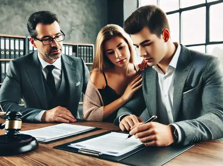 A professional and emotional scene of a couple dealing with probate matters. The couple is sitting at a lawyer’s desk, reviewing legal documents