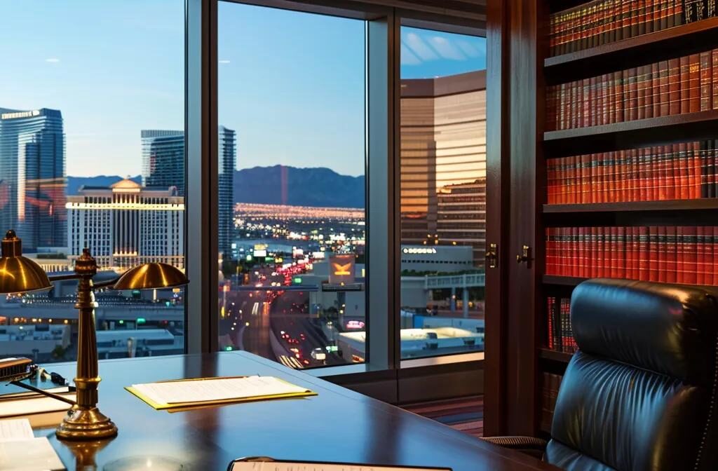 a modern law office in las vegas, featuring a polished wooden desk with legal documents spread out, an elegant bookshelf filled with legal texts, and a confident individual thoughtfully analyzing qualifications while surrounded by city views through large windows.