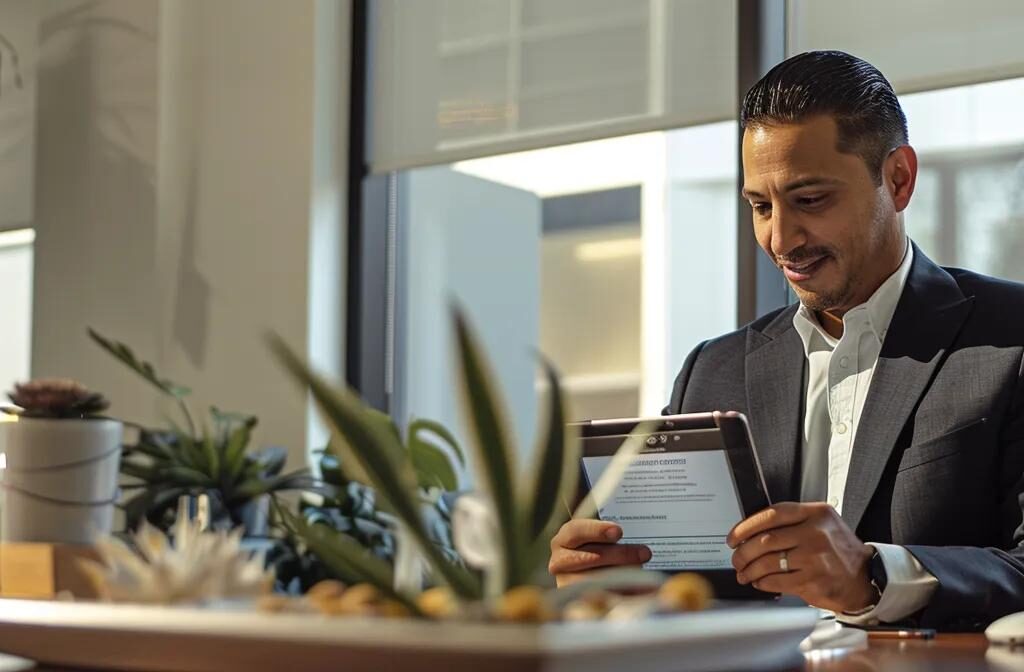 a modern office environment in clark county with a professional sitting at a sleek desk, reviewing a digital tablet displaying a living will, illuminated by soft, focused lighting that casts a warm, inviting atmosphere ideal for serious discussions on estate planning.