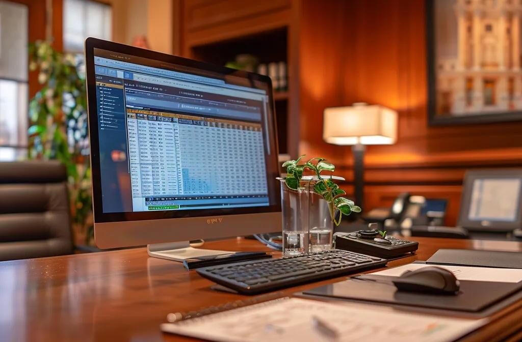 a polished office desk in a las vegas estate law firm, featuring a sleek computer displaying a detailed pricing chart, illuminated by warm, ambient lighting that emphasizes clarity and transparency in legal fees.