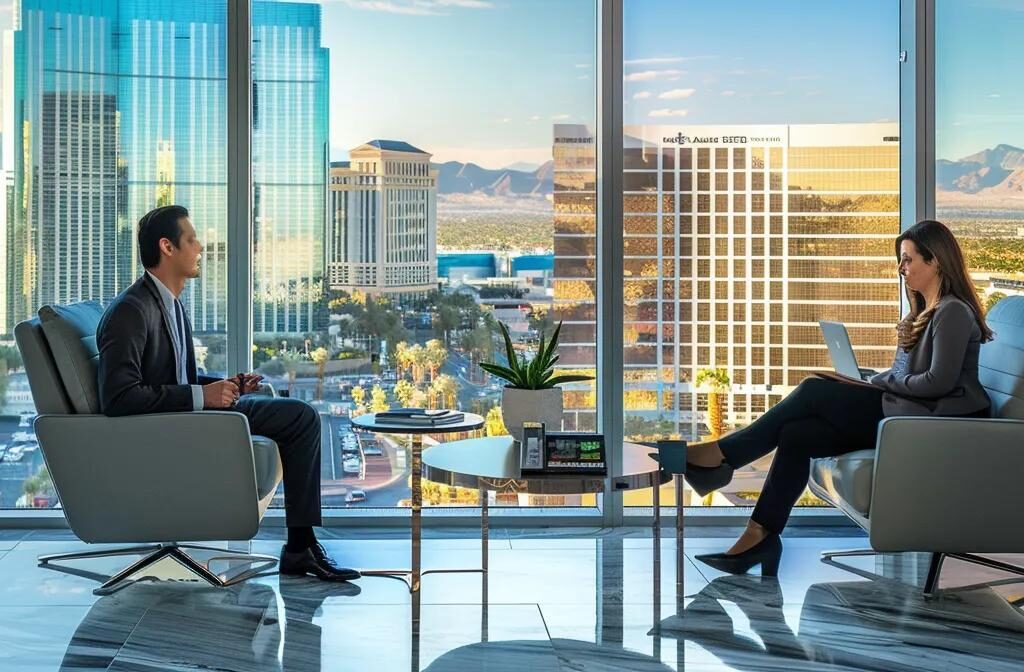 a professional office setting in las vegas featuring a confident individual discussing affordable estate law options with a lawyer, accented by sleek modern furniture and a panoramic view of the city skyline.