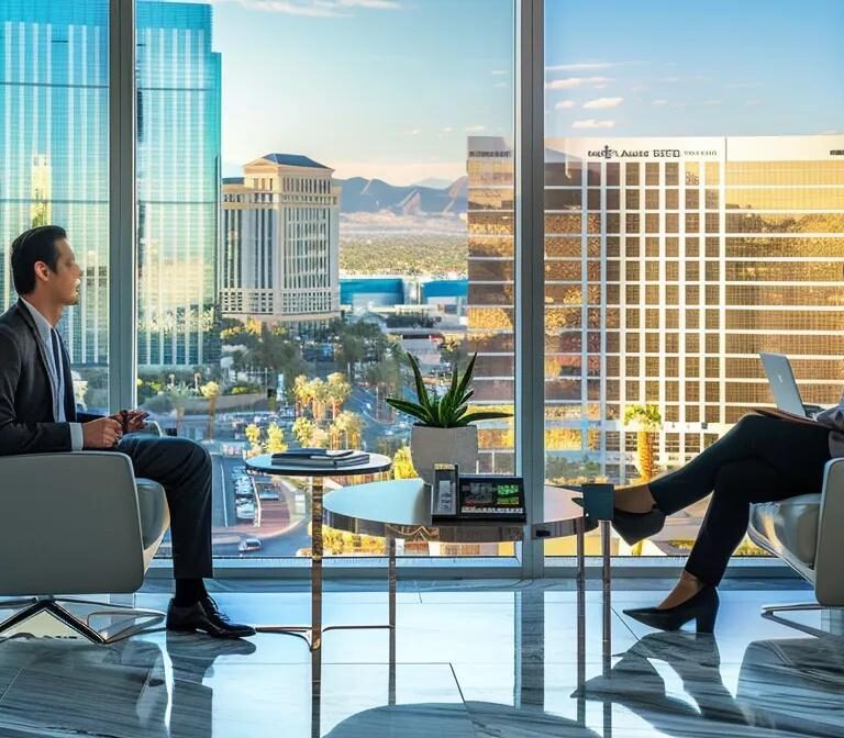 a professional office setting in las vegas featuring a confident individual discussing affordable estate law options with a lawyer, accented by sleek modern furniture and a panoramic view of the city skyline.