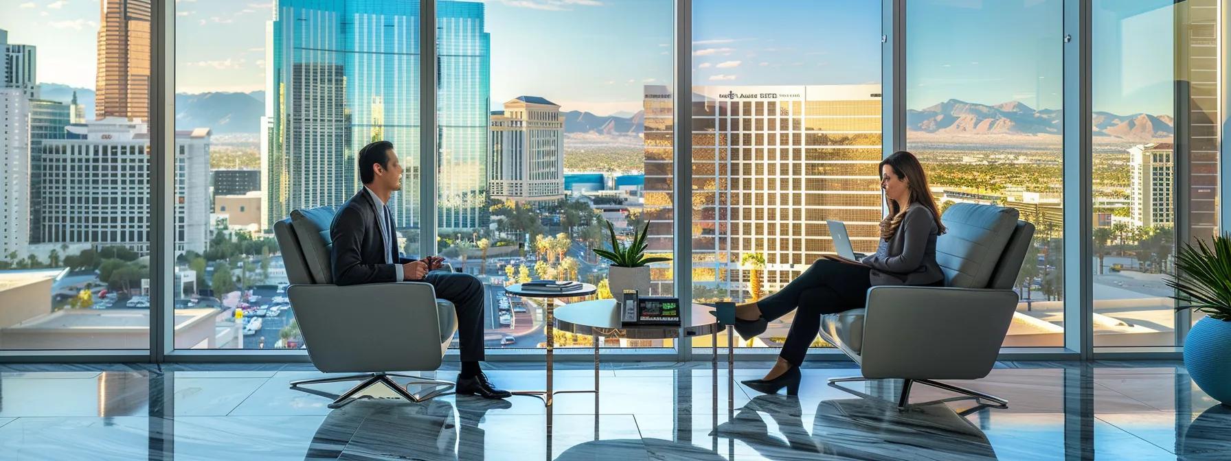 a professional office setting in las vegas featuring a confident individual discussing affordable estate law options with a lawyer, accented by sleek modern furniture and a panoramic view of the city skyline.