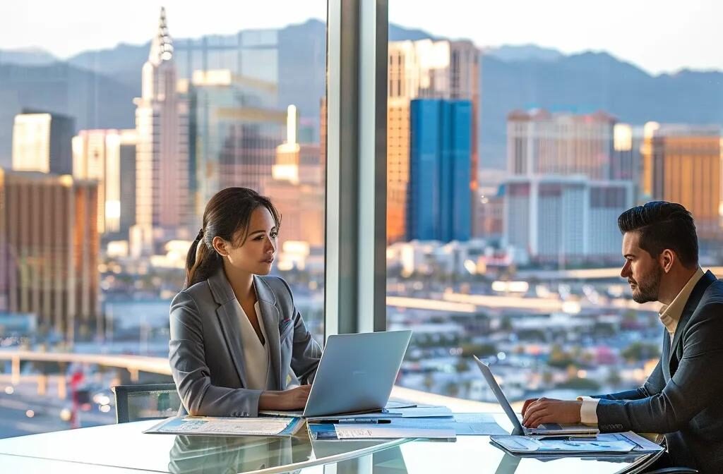 a professional setting in a modern las vegas office, showcasing a confident individual consulting with a legal expert, surrounded by official documents and the vibrant city skyline visible through the large windows, emphasizing the importance of personalized healthcare planning.