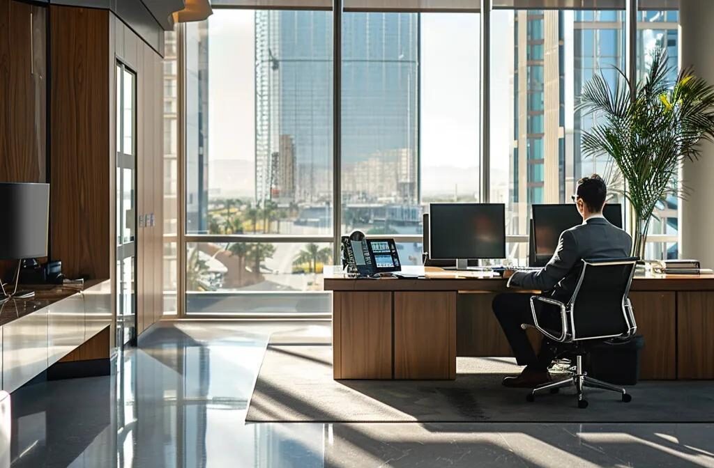 a sleek, modern office in las vegas showcases a professional lawyer engaged in an in-depth consultation with a client, surrounded by legal documents and trust planning materials, emphasizing the systematic process of establishing a revocable trust.