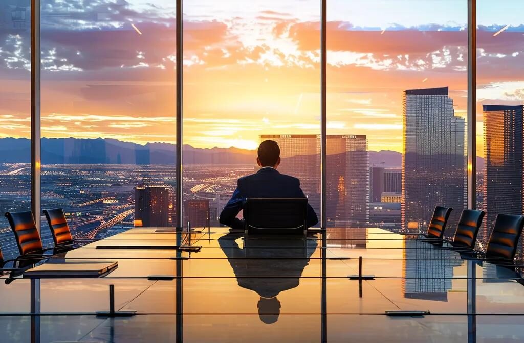 a sleek, modern office in las vegas, featuring a confident lawyer seated at a polished conference table, meticulously reviewing trust documents while sophisticated city skyline views illuminate the background through large windows.