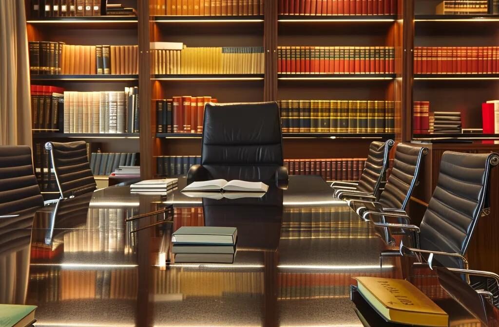 a sleek, modern office in las vegas filled with elegant legal books and a polished conference table, where a distinguished attorney confidently discusses revocable and irrevocable trust options with clients.