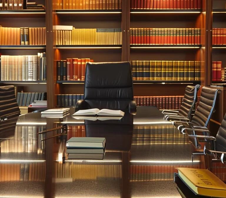 a sleek, modern office in las vegas filled with elegant legal books and a polished conference table, where a distinguished attorney confidently discusses revocable and irrevocable trust options with clients.