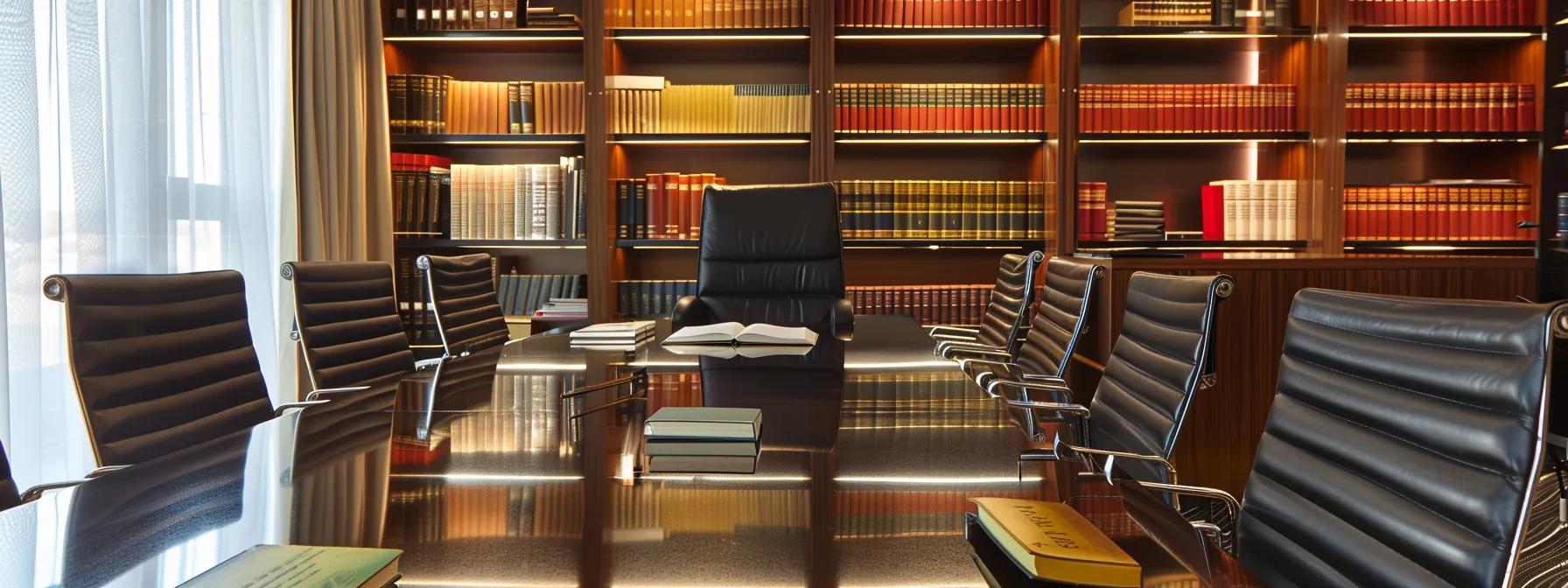 a sleek, modern office in las vegas filled with elegant legal books and a polished conference table, where a distinguished attorney confidently discusses revocable and irrevocable trust options with clients.