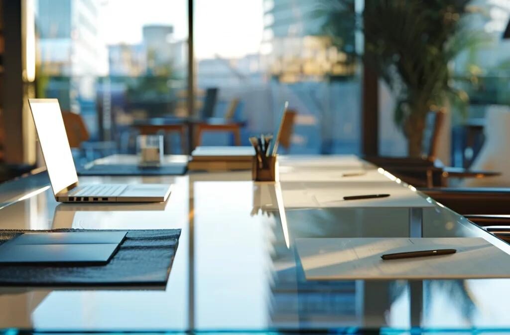 a modern conference room with a sleek glass table, adorned with open laptops and legal documents, serves as the backdrop for a focused discussion between professionals evaluating the advantages of an llc versus an s corporation in nevada.