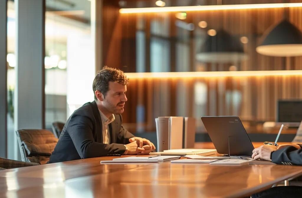 a sleek, modern office conference room features a polished wooden table adorned with legal documents and a laptop, illuminated by warm recessed lighting, as two professionals engage in a focused discussion about the intricacies of a living trust in nevada.
