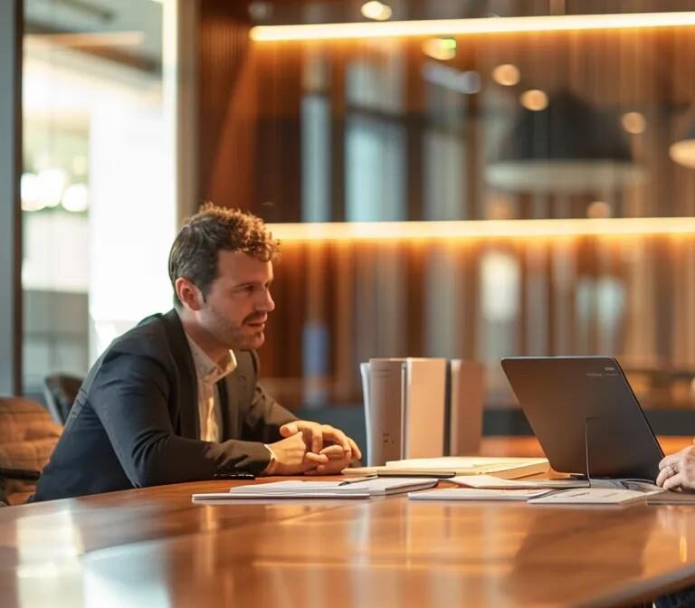 a sleek, modern office conference room features a polished wooden table adorned with legal documents and a laptop, illuminated by warm recessed lighting, as two professionals engage in a focused discussion about the intricacies of a living trust in nevada.