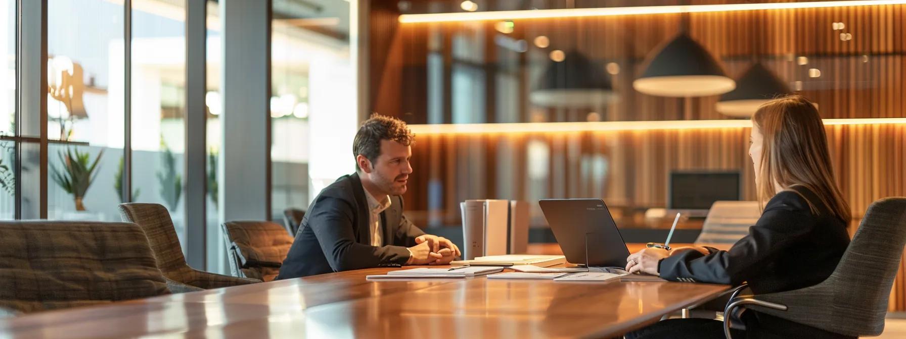 a sleek, modern office conference room features a polished wooden table adorned with legal documents and a laptop, illuminated by warm recessed lighting, as two professionals engage in a focused discussion about the intricacies of a living trust in nevada.
