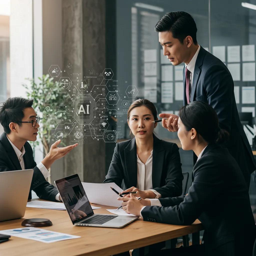 Business professionals collaborating on AI legal compliance strategies in a modern office