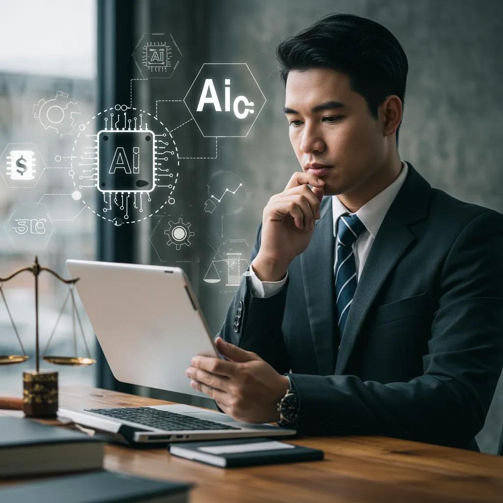 Businessperson analyzing AI legal risks with digital technology and legal symbols