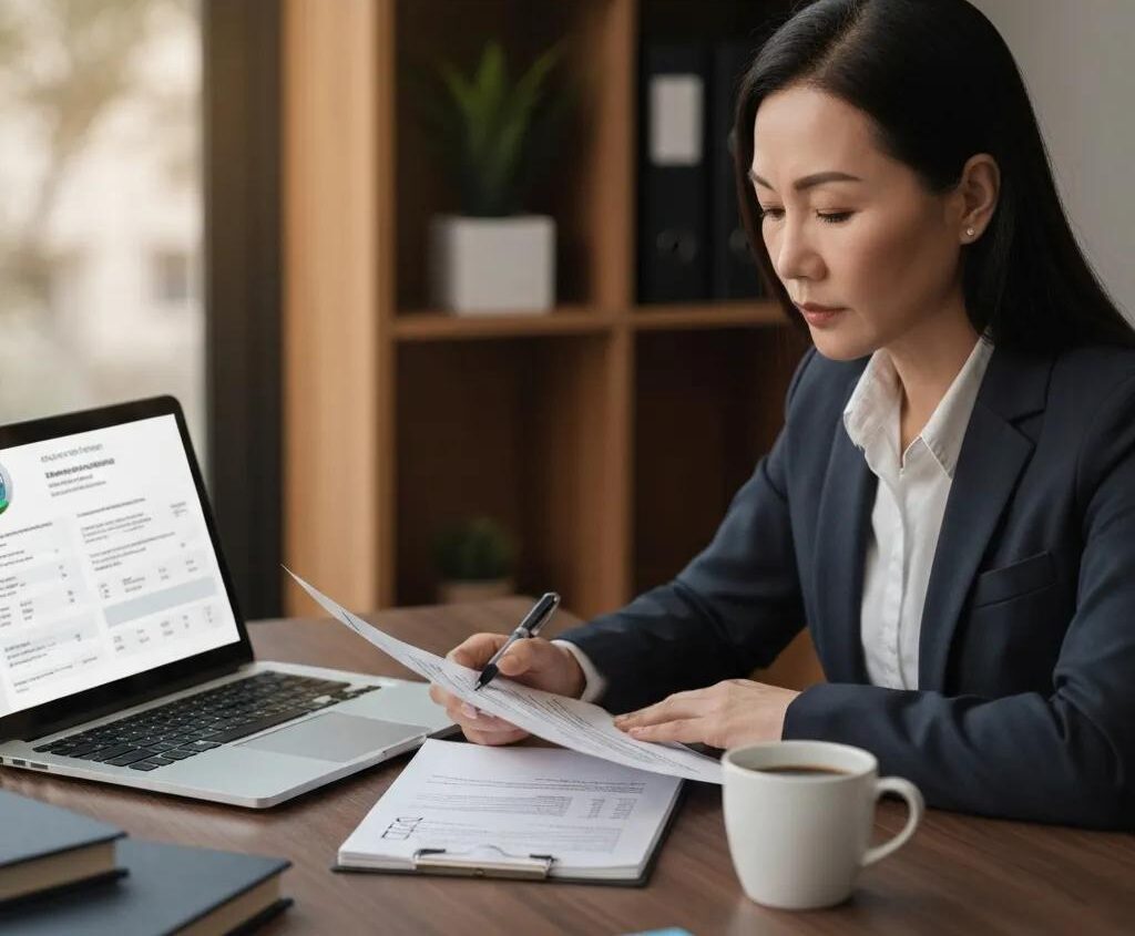 Business professional reviewing BOI reporting checklist at a desk