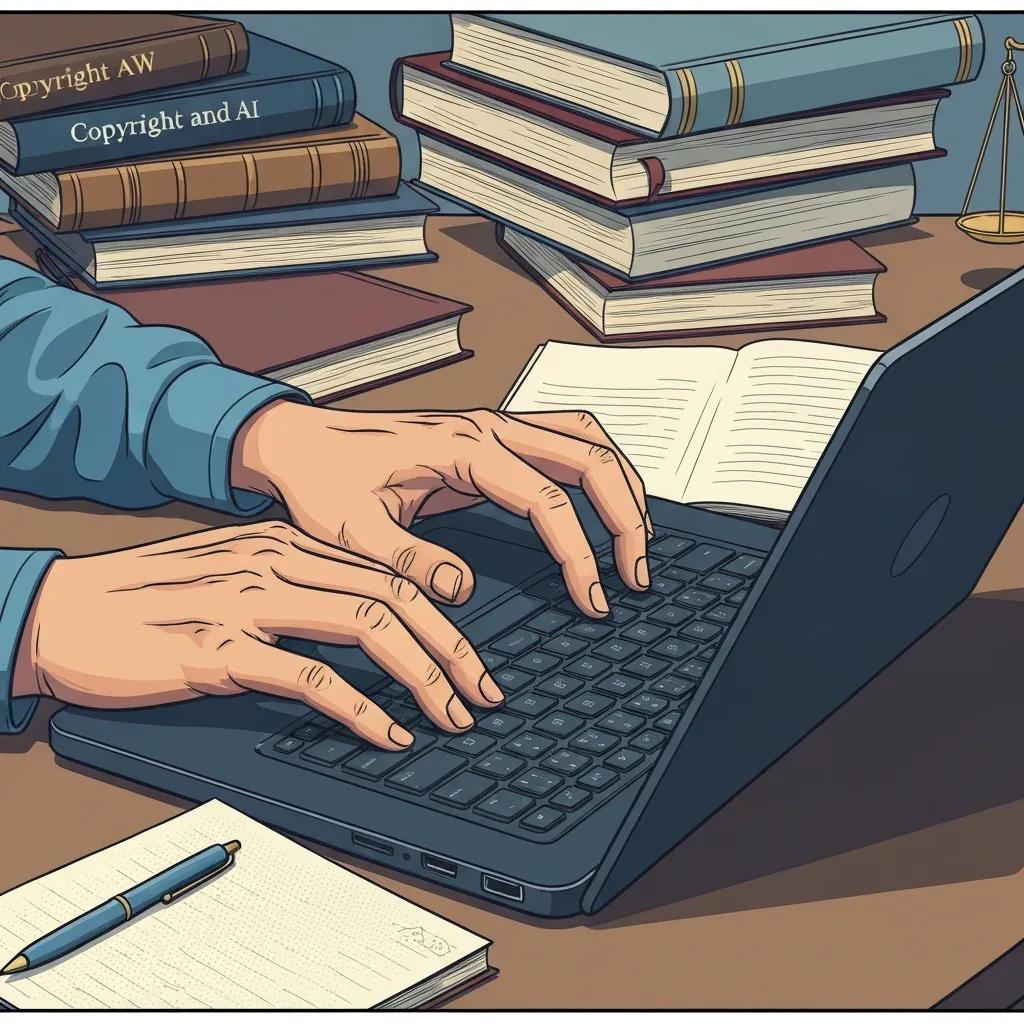 Hands typing on a laptop with legal documents in the background