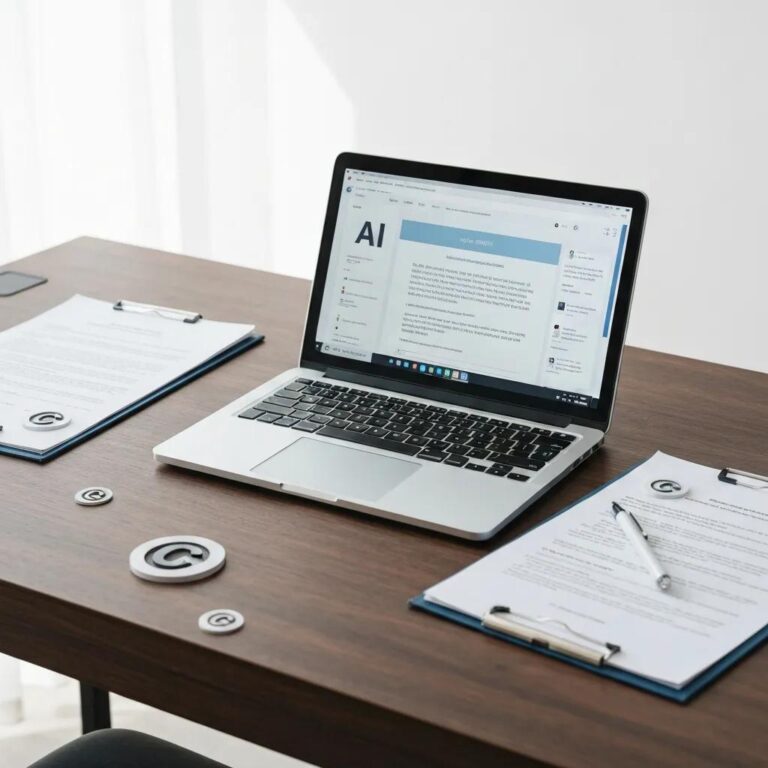 Modern workspace with AI-generated content and copyright symbols