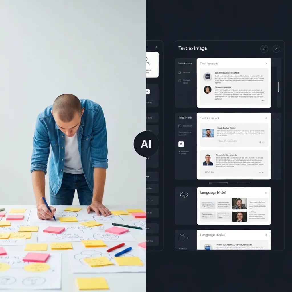 Split-screen of human brainstorming and AI tools in content creation